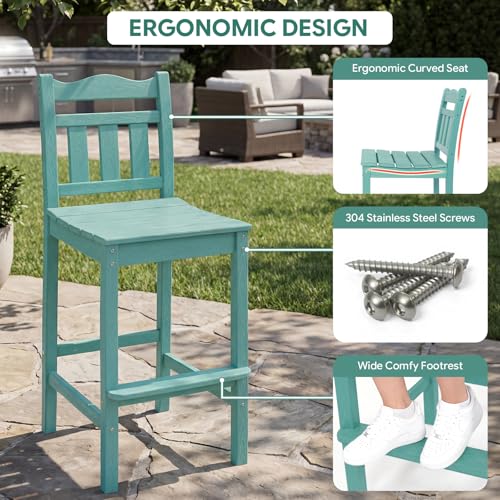 Image of Outdoor Bar Stools Set of 2, HDPE Tall Adirondack Bar Chairs 27.5 Inch Seat Height w /Backrest, All Weather Patio Bar Height Chairs for Bistro Balcony Deck Poolside (Aruba Blue)