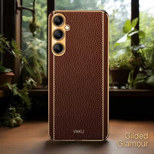 Image of Vaku Luxos Luxemberg Back Cover Case for Samsung Galaxy A14 5G with Leather Pattern Design Gold Electroplated Soft TPU Cover| Shockproof Protective Case - Brown