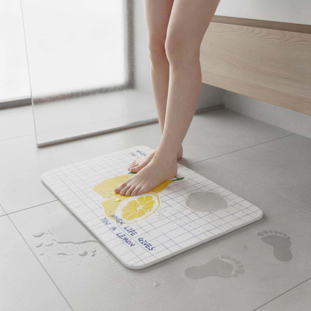 Tapis Bain Diatomée Séchage, 夏日柠檬, 39 * 60 * 0.9cm | Surface absorbante, Tapis bain hygiénique, Utilisation quotidienne, Pour enfants et adultes