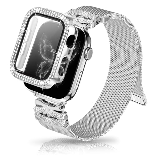 Magnetic Band for Women Compatible with Apple Watch Band 38mm 40mm 41mm 42mm 44mm 45mm 46mm Milanese Stainless Steel Loop with Bling Protective Case, Dressy Metal Strap Replacement iWatch Band