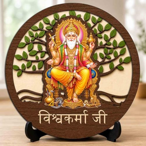 Image of Vishwakarma Ji Table Top Wooden Idol /Murti for Mandir Decoration, Office Desk & Festive Gift - 5x5 Inch