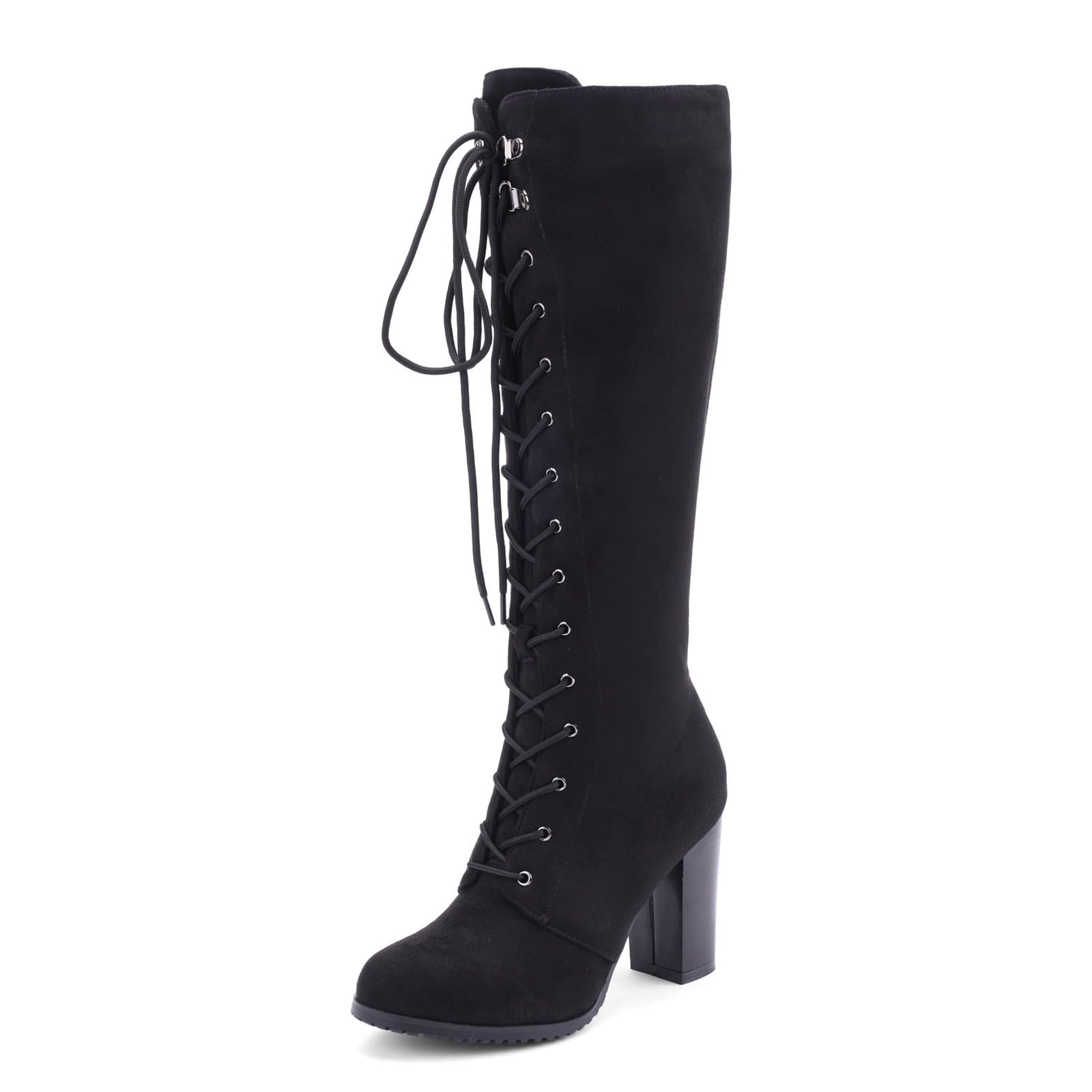 Winterstiefel Damen, Winterstiefel Damen mit Absatz Blockabsatz Hohe Stiefel Kniehoch Schnürstiefel Elegant Cowboystiefel Wildleder Lang Stiefeletten Langschaft Winterschuhe Damenstiefel