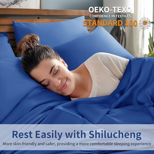 Image of Shilucheng 6 Piece California King Sheet Sets, Cooling Sheets, Blend Rayon Derived from Bamboo, Deep Pocket Up to 16 inch, Breathable & Soft Bed Sheets, Hotel Silky Bedding Set, Navy Blue