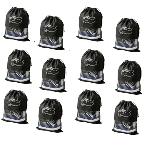 Image of Hian Black Shoe Storage Bags with Transparent Window & Drawstring Closure - Non-Woven Travel Footwear Organizer, Dustproof Reusable Shoe Covers for Luggage, Closet & Gym Use - Pack of 12
