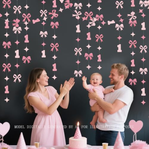 Image of Pink Bow One Birthday Decorations Pink Glitter Paper Star Bow 1st Hanging Garland Streamer Banner for Happy First Birthday Baby Girl Bday Decor or 1st Anniversary Party Decorations Supplies