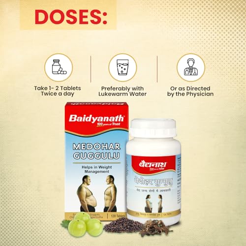 Image of Baidyanath Ayurved Medohar Guggulu Tablets, Enriched with Guggulu, Chitrakmool and Nagarmotha- 120 Tab (Pack of 1)