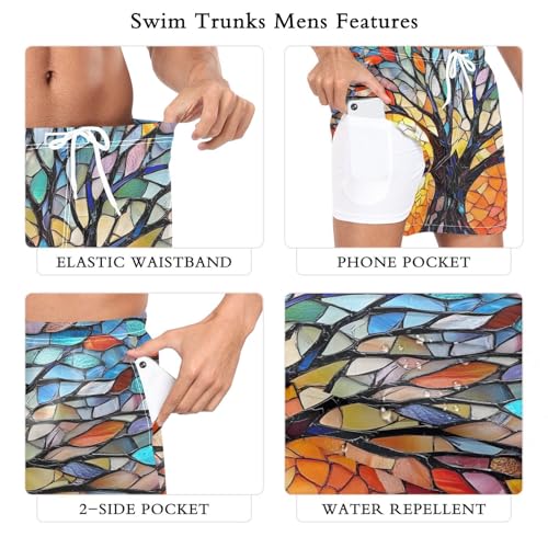 Stain Glass Tree Mens Swim Trunks with Liner, Cool Quick Dry Beach Swim Shorts, Swimwear Bathing Suits S3
