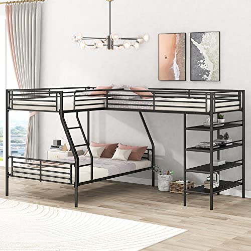 Triple Bunk Beds, L-Shape Twin Over Full Bunk Bed Attached a Loft Bed with Desk, Triple Bunk Beds with Slide, Metal Corner Bunk Bed Frame for Three Kids Boys Girls Teens, Antique Black