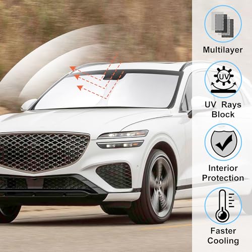 Image of Windshield Sun Shade Custom Fit for 2022 2023 2024 2025 2026 Genesis GV70 Accessories Foldable Sunshade Sun Blocker Protect Car from Sun Rays & Heat Damage Keep Car Cooler