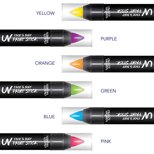 UV Face and Body Paint Sticks - Costume, Halloween and Club Makeup - Safe for all Skin Types - Easy On and Off - by Splashes & Spills (6 Pack)