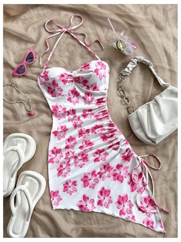 Image of Floerns Women's Floral Print Halter Dress Sleeveless Drawstring Asymmetrical Hem Bodycon Dress