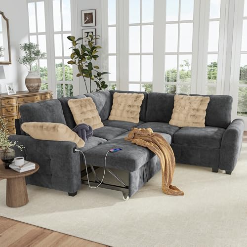 Image of Hanherry Sectional Sofa with Pull Out Couch Bed,Chenille Sleeper Sofa with 2 Seat Storage & USB Charging,Comfy L Shaped Modular Couches for Living Room,Apartment
