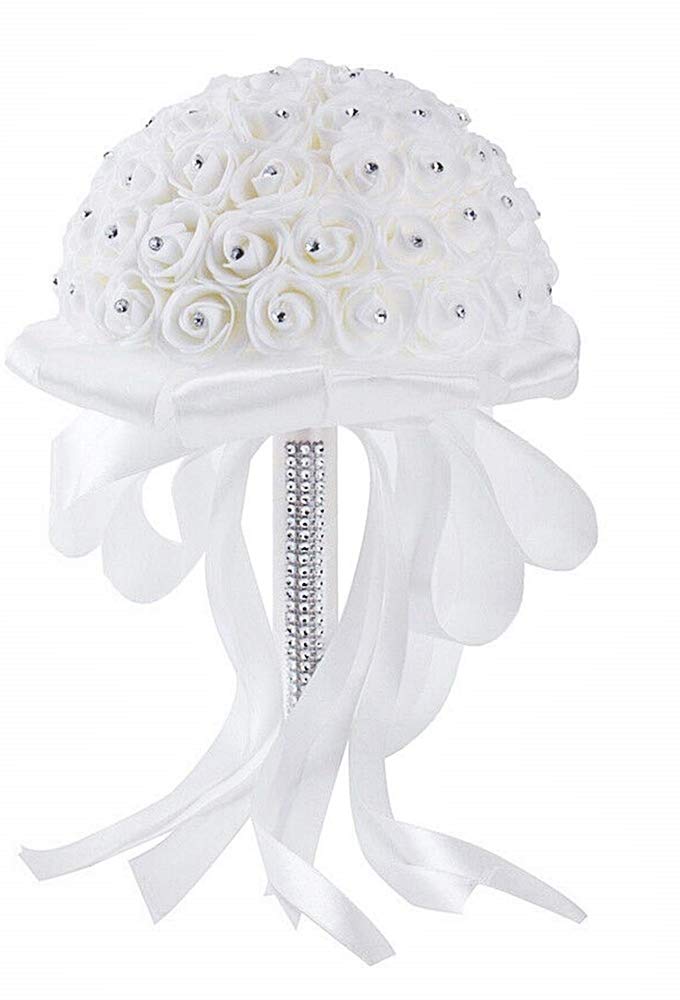 Bouquet mariée blanc aux roses artificielles et strass de 20cm