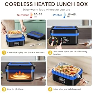 Dnin Cordless Electric Lunch Box, Battery Powered Heated Lunch Boxes, 1 Liter Food Insulated Food Warmer Box with Fork and Spoon Insulated Carrying Pouch for Truck Drivers Blue Collar and Adults
