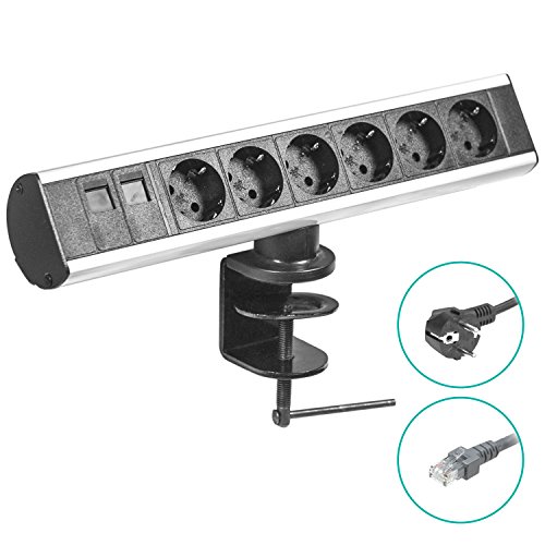Elbe Regleta Enchufes, Enchufes multiple, 6 enchufes alemanes, conector alemán, cable de 1,5 m, 2 conexiones LAN abrazadera de montaje, apto para oficinas, salas de reuniones EL10206R