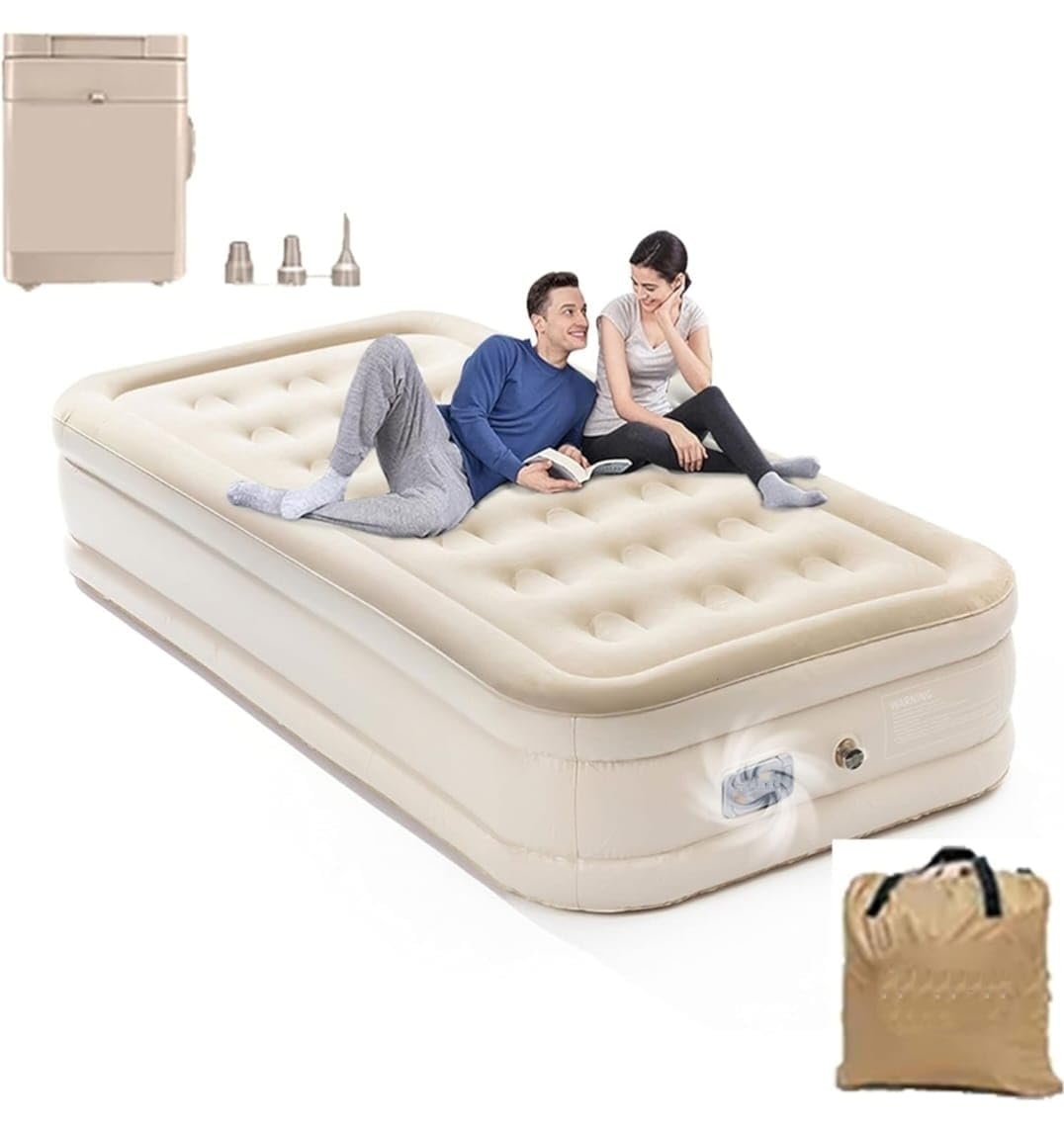 Inflatable Air Bed Mattress with Electric Pump | Portable Single Sleeping Sofa Cum Bed for Home, Travel, Camping, Guests & Patients | Foldable Self Filling Airbed with Carry Bag