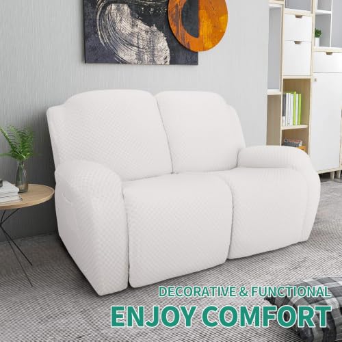 Image of YEMYHOM 6 Pieces Stretch Loveseat Recliner Slipcover Jacquard Recliner Sofa Cover with Side Pocket Fitted Recliner Cover Couch Furniture Protector with Elastic Bottom (Loveseat Recliner, White)