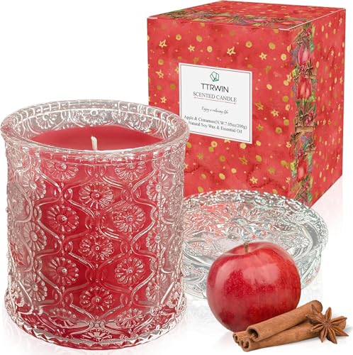 TTRWIN Apple Cinnamon Scented Candle Red Natural Soy Wax Candles Beautiful Glass Jar Candle Long Burning Strong Aroma Aromatherapy Gift Idea for Christmas Birthday Housewarming (200g)