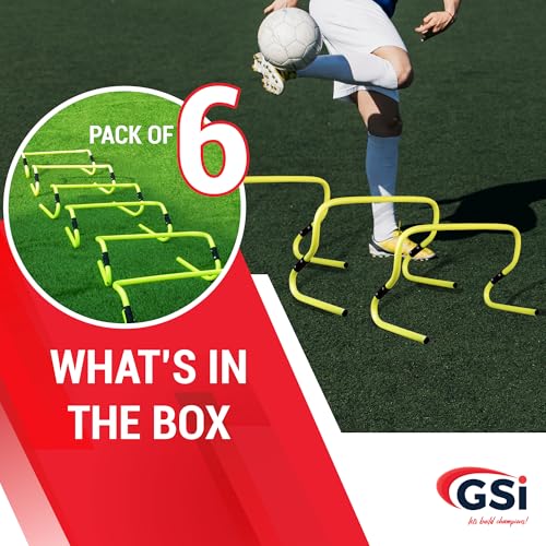 gsi dual height agility hurdle pack of 6  adjustable 634 amp 1234 training hurdles for sports fitness and agility drills  durable pvc yellow speed hurdles for soccer track and football training