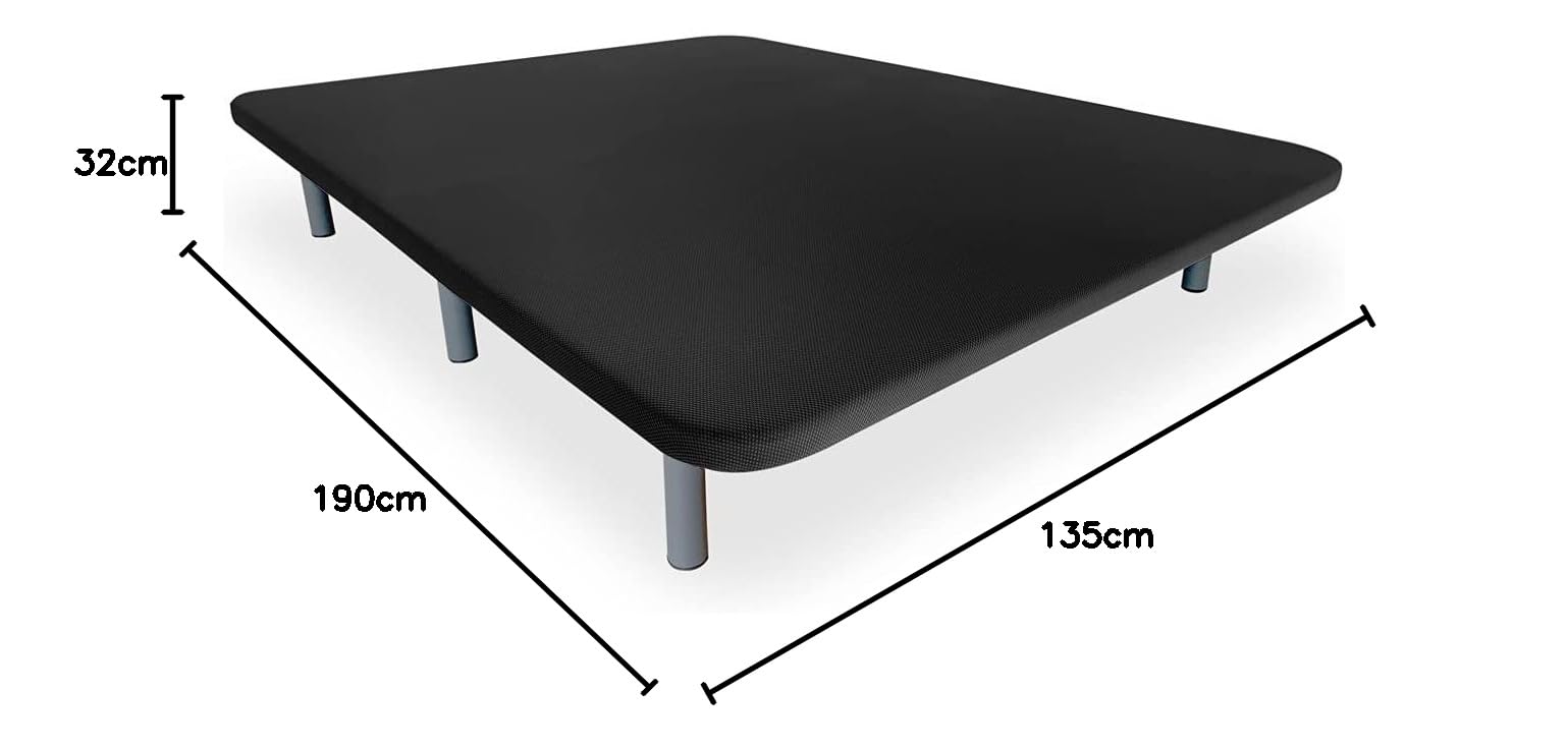 DUÉRMETE Online - Base Tapizada 3D Reforzada, Anti Ruido con 5 Barras de Refuerzo 6 Patas metálicas roscadas de 25cm, 135x190, Negro