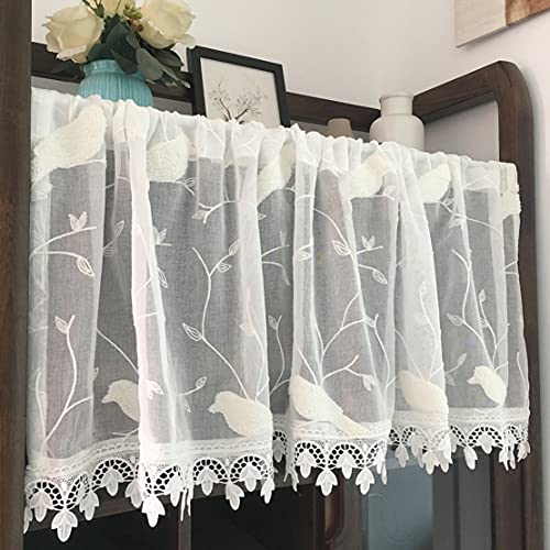 WRMING Kurz Küchengardine Landhausstil Küche Bistrogardine Weiss Modern Scheibengardine landhaus Vöglein Schmücken Kinderzimmer Kaffee Transparent Voile Kurzvorhang, 1 Stück,W x H 150x70cm Cover