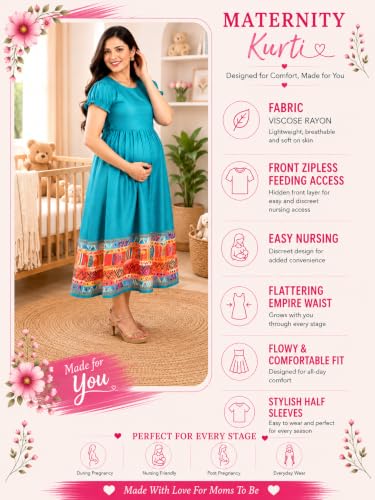 Image of RITIJYA Zipless Feeding Kurta Dress for Women | Maternity Nursing Kurti, No-Zip Easy Access | Extra Pleats Pre to Post Pregnancy | Quick-Dry Fabric | S-4XL