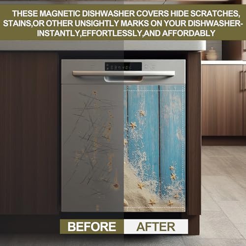 Image of Dishwasher Magnet Cover,Beach Themed Dishwasher Cover Magnetic Blue Wooden Home Appliances Refrigerator Decorative 23 inch x 26 inch