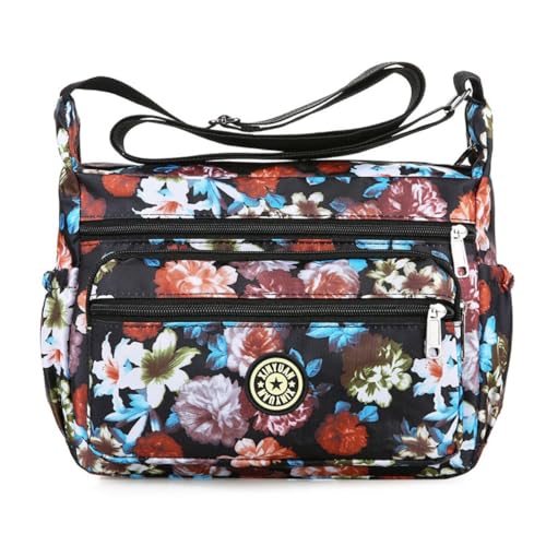 Women's Crossbody Bag Floral Print Multi-Pocket Nylon Handbag, Lightweight Shoulder Purse for Travel Daily Work, Gift for Birthday Mother’s Day Valentine’s