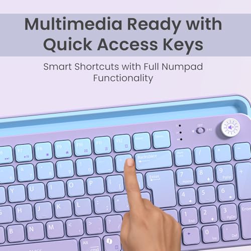 Image of Portronics Bubble 4.0 Wireless Keyboard with Bluetooth + 2.4 GHz USB Receiver, Rechargeable Battery, Volume Control Knob, Multimedia Hotkeys with Numpad, for Laptop, PC, Smartphone, Tablet(Purple)