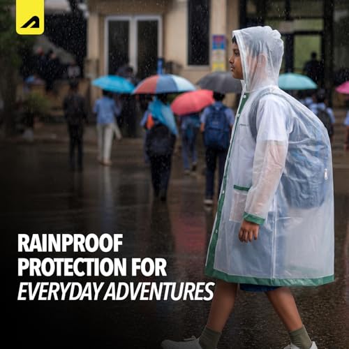 Image of Boldfit Raincoat for Kids Smart Back Long Raincoat with Hood Waterproof Rain Coat for Boys & Girls Lightweight School Poncho Jacket with Pockets & Buttons