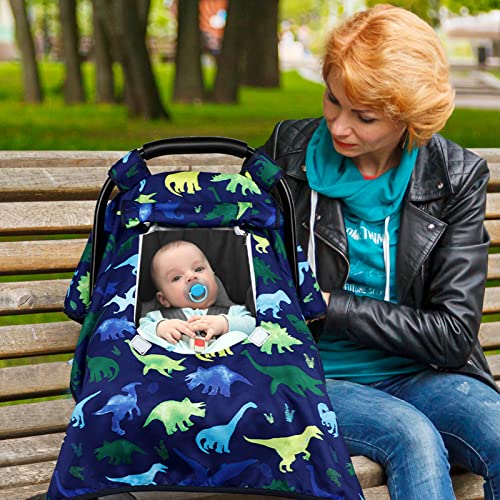 Image of Carseat Cover Boy, Winter Baby Carseat Seat Cover, Carseat Canopy Cozy & Warm Cover with Peep Windows, Blue Dinosaur Stuff