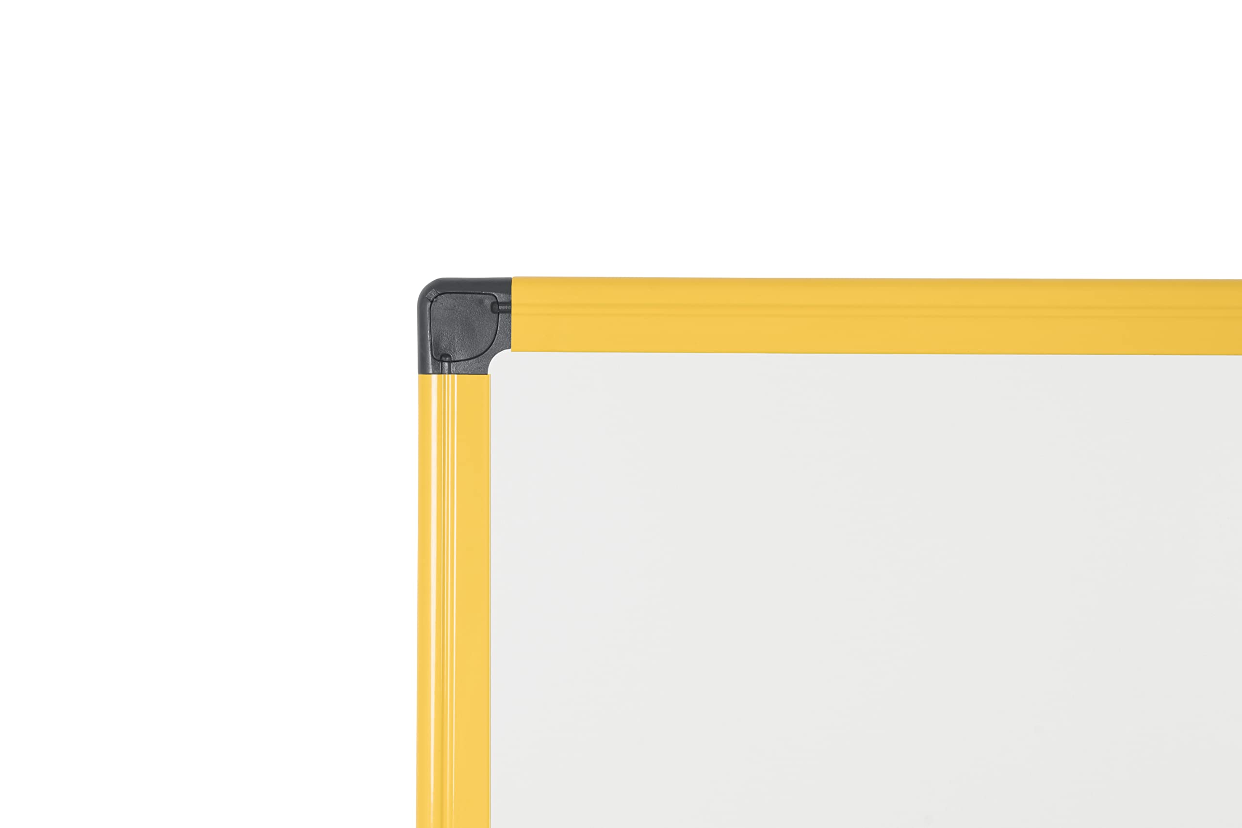 Bi-Office Whiteboard Ultrabrite z żółtą aluminiową ramą i półką na długopisy – magnetyczna, 90 x 60 cm z żółtą aluminiową ramą i półką na długopisy