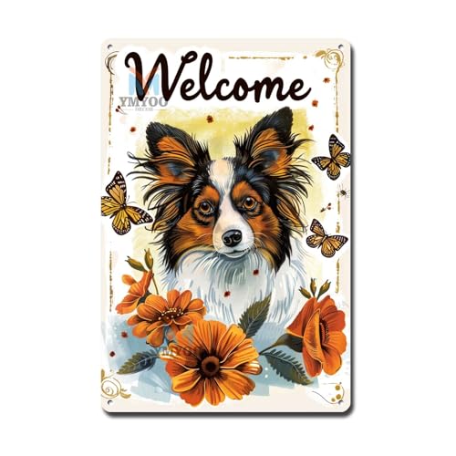 Ymyoo Decorative Tin Sign Vintage Wall Art Graceful Papillon Welcome with French Marigolds for Home Entries Papillon Enthusiast Areas Easy Install Corrosion Resistant Aluminum 8×12 Inches