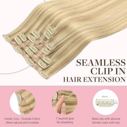 Image of GOO GOO Clip in Hair Extensions Real Human Hair, Remy Human Hair Extensions Clip ins for Women, Natural Human Hair, 22inch 110g 7Pcs, 18D /22F Dirty Blonde Highlights