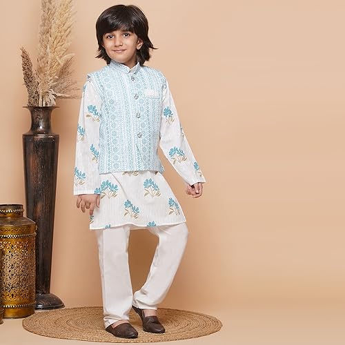 Image of AJ DEZINES Kids Ethnic Wear Cotton Printed Kurta Pajama Set For Boys With Nehru Waist Coat Jacket