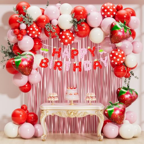 Image of Strawberry Birthday Party Decorations 101pcs, Red Pink Red white Strawberry Balloons with Pink Fringe Curtain Happy Birthday Banner for Sweet Girl Berry First Birthday Baby Shower Party Decor