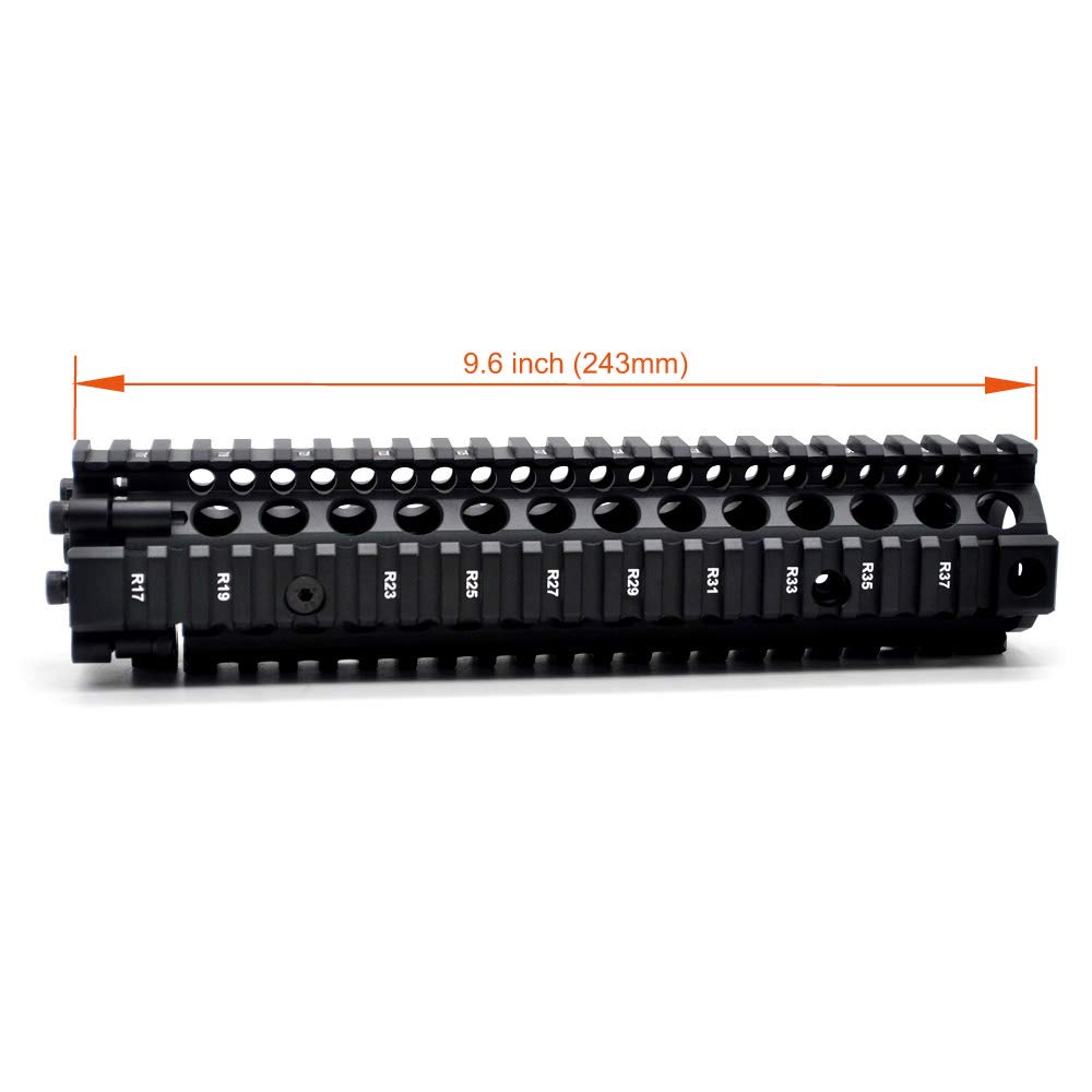 TRIROCK Two-Pieces Design 9.6 Inch Drop-in Black Quad Rail handguard for MK18 Rifle Interface System For Fitting .223 Cal.