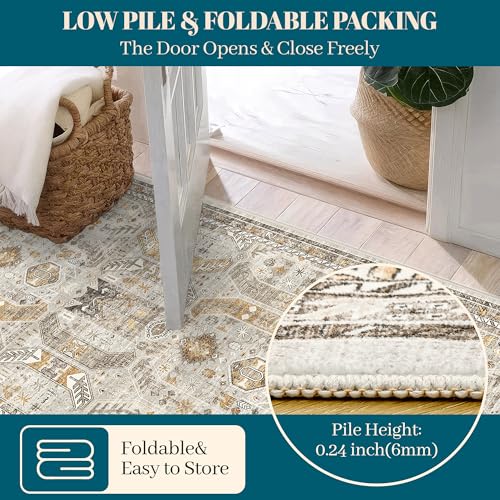 Madane Hallway Runner Rug 3x18 - Kitchen Rugs 18ft Washable Entryway Rug Vintage Kitchen Runners Non Slip Indoor Area Rug Farmhouse Carpet Runner for Bathroom Living Room Bedroom, Brown/Gold