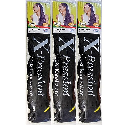 X-pression - Ultra Braid - Extensión de pelo para trenzar 208 cm, 165 g por paquete (3 paquetes), color 1