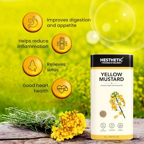 Image of HESTHETIC Cold Pressed Mustard (Sarson) Oil 5L | Pure Sarson Ka Tel | Natural-Aroma Unrefined Cooking Oil for North Indian & Bengali Cuisine | German-Tech Single-Screw Press