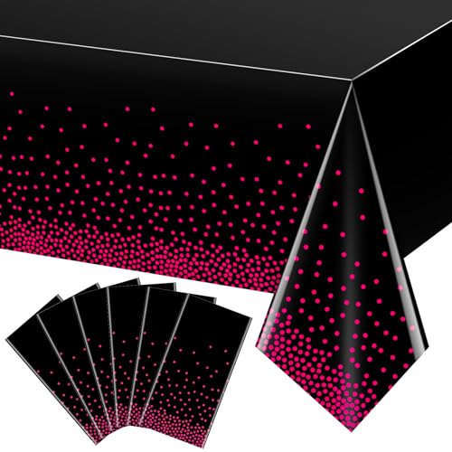 Image of 6 Pack Hot Pink and Black Plastic Tablecloth, Disposable Table Cloth for Rectangle Tables, Hot Pink Stamping Dot Black Tablecloth for Bachelorette Birthday Wedding Party Decorations, 54 inchx108 inch