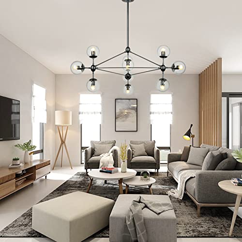 Congratsu 10 Light Modern Chandelier, Matte Black With Globe Glass Shade, Sputnik Chandelier For Dining Room Kitchen Island Living Room, Black #TOP1
