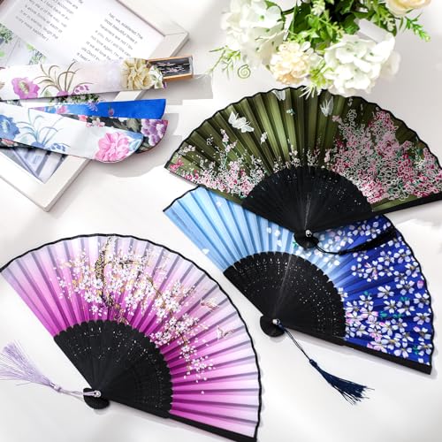image for Zonon 4 Pack Handheld Floral Folding Fans Hand Held Silk Bamboo Fans w
