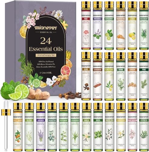 Migcaput Ätherische Öle Set Naturrein, 24X10ml Essential Oils GeschenkSet Aromatherapie Duftöle für Diffuser, Massage, Kerzen, Seife, Kosmetik - Weihrauch, Rose, Bergamotte, Gewürznelke, Kirschblüte