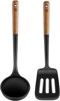 WAGENSTEIGER Set of 2pc Silicone Cooking Utensils Wooden Handle Slotted Spatula + Cooking Ladle, Heat Resistant Cooking Utensil, BPA Free, Protects Surfaces with Gentle Head Design