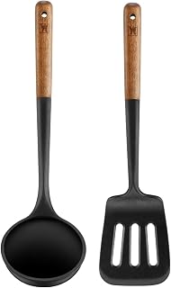 WAGENSTEIGER Set of 2pc Silicone Cooking Utensils: Wooden Handle Slotted Spatula + Cooking Ladle, Heat Resistant Cooking Utensil, BPA Free, Protects Surfaces with Gentle Head Design