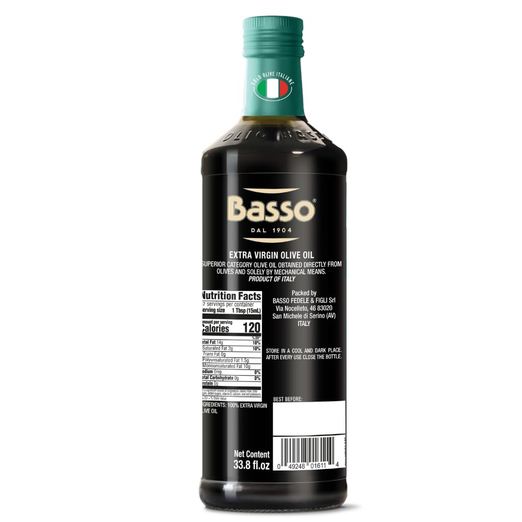 BASSO 1904 100% Italian Extra Virgin Olive Oil (EVOO), Cold-Extracted (Below 27°C), Coratina–Carolea–Ogliarola, Calabria & Puglia, 1 Liter (33.8 fl oz)