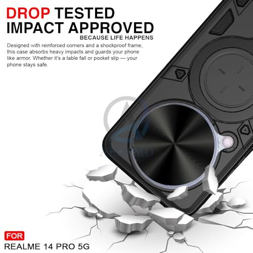 Image of AESTMO Armor Realme 14 Pro 5G Bumper Back Case Cover | Ring Holder & CD Pattern Sliding Camera Shutter Cover | Back Case Cover for Realme 14 Pro 5G (Black)