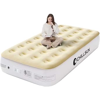CHILLSUN Air Bed, Single Size, Built-in Electric Pump, Camping Mat, Heavy Duty, For Guests, Flocking Surface Treatment, Length 74.8 x Width 39.0 x Thickness 13.0 inches 190 x 99 x 33 cm, Load