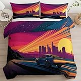 Generisch Bettwäsche Set Weich Atmungsaktiv Microfaser Bettbezug 155 x 220 cm, 3 teilig 2 Kissenbezügen 80 x 80 cm, Abstrakt Retro Auto Autobahn für Schlafzimmer Jungen und Mädchen Lila